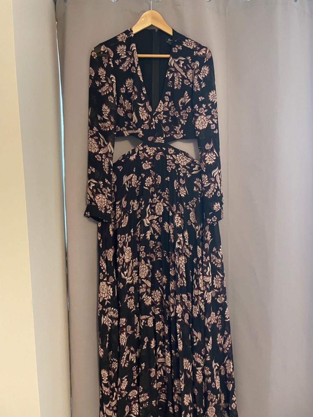 Bardot Black Maxi Dress with Blush Floral Print. Very light , open sides